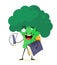 Cheerful broccoli, apprentice with a pencil, protractor and book. School bag. Vector isolate in cartoon flat style on a white back