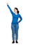 Cheerful brunette woman full length portrait raising arm as holding something imaginary, looking up confident. Brave girl gesture