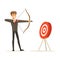 Cheerful businessman aiming target with bow and arrow vector Illustration