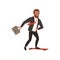 Cheerful businessman riding fast on skateboard. Cartoon young bearded guy in black formal suit with red tie. Office