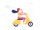 Cheerful Businesswoman Character Wearing Protective Helmet Riding Moped and Drinking Coffee