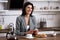 Cheerful businesswoman using smartphone near breakfast