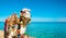 A cheerful camel invites tourists on a journey. Muzzle is decorated with sunglasses, a hat and flowers. Backdrop with blue sea and