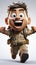 Cheerful Camouflage Adventure: Joyful Animated Young Soldier in Military Gear with a Big Smile and Lively Spirit.