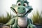 A cheerful cartoon alligator, seated, wears a contagious, joyous smile