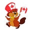 Cheerful cartoon beaver with a flag. Character beaver vector. Happy Canada Day. Illustration on white background.