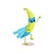 Cheerful cartoon character of superhero banana with blue cape and mask in action