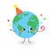 Cheerful cartoon Earth planet character celebrates Birthday