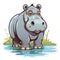 Cheerful Cartoon Hippopotamus Standing Happily in a Shallow Pond. AI generation