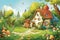 A cheerful cartoon illustration of a storybook cottage surrounded by a blooming garden and forest, exuding a warm, sunny