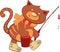 Cheerful cartoon kitten walking with a fishing rod