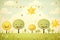 Cheerful cartoon landscape illustration with smiling stars and trees