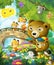 Cheerful cartoon scene animals friends and family in forest father son fishing illustration