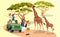 Cheerful cartoon visitors with cameras walking in nature with giraffes