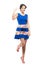 Cheerful charming cute woman in blue dress waving hand at camera.