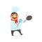 Cheerful chef in process of cooking food. Man with pan and spatula in hands. Cook dressed in traditional uniform. Flat