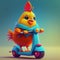 cheerful chicken on a scooter