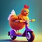 cheerful chicken on a scooter