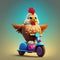 cheerful chicken on a scooter