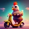 cheerful chicken on a scooter