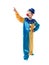 Cheerful child standing in a clown suit with a blue hat and shows his hand up