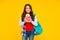 cheerful child with toy bear. teen girl carry backpack. back to school. knowledge day