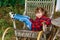 Cheerful child on vacation in the garden