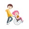 Cheerful children. The boy carries the girl in a wheelchair. Friends, lovers. Cute childish illustration in simple hand