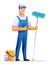 Cheerful cleaning man with mop and bucket. Male janitor character