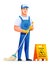 Cheerful cleaning service man with mop. Male janitor character