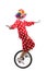 Cheerful clown riding a unicycle