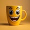 Cheerful coffee cup character grinning, set on yellow backdrop Ample copy area