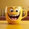 Cheerful coffee cup character grinning, set on yellow backdrop Ample copy area