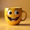 Cheerful coffee cup character grinning, set on yellow backdrop Ample copy area