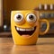 Cheerful coffee cup character grinning, set on yellow backdrop Ample copy area