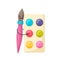 Cheerful colorful brush, smiling, holding watercolor hands with multi-colored paints.