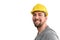 Cheerful construction worker - craftsman in work clothes on white background - insulated