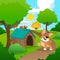 Cheerful corgi walking in park. Nature landscape with green grass, trees, bushes and wooden dog s house. Summer