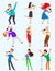 Cheerful corporate party singing people with microphone. vector musician artist characters Karaoke, songs dancing