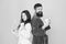 Cheerful couple. bearded man and girl healthy smile. family couple hold apple with toothbrush. having healthy and strong