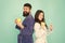 Cheerful couple. bearded man and girl healthy smile. family couple hold apple with toothbrush. having healthy and strong