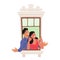 Cheerful Couple Characters Gaze Through The Window, Their Smiles Radiating Warmth And Happiness, Vector Illustration