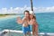 Cheerful couple on the deck of sailing boat in caribbean sea