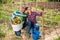 Cheerful couple of gardeners proud of harvest of vegetables