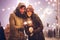 Cheerful Couple Holding Bengal Lights Standing In Night City