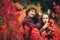 Cheerful couple is naughty and shows emotions between red autumn trees.