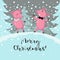 Cheerful couple pink pigs celebrate christmas, walk under snow. Vector cartoon drawing