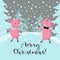 Cheerful couple pink pigs celebrate christmas, walk under snow. Vector cartoon drawing