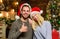 Cheerful couple. wait for xmas gift and present. loving couple portrait. merry christmas. Winter shopping sales. Man and