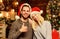 Cheerful couple. wait for xmas gift and present. loving couple portrait. merry christmas. Winter shopping sales. Man and